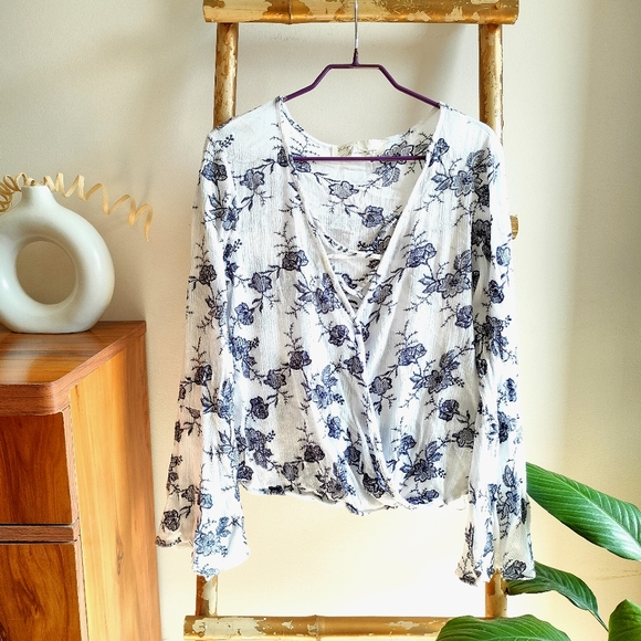 Vintage Havana Tops - Navy and White Embroidered Bell Sleeve Blouse